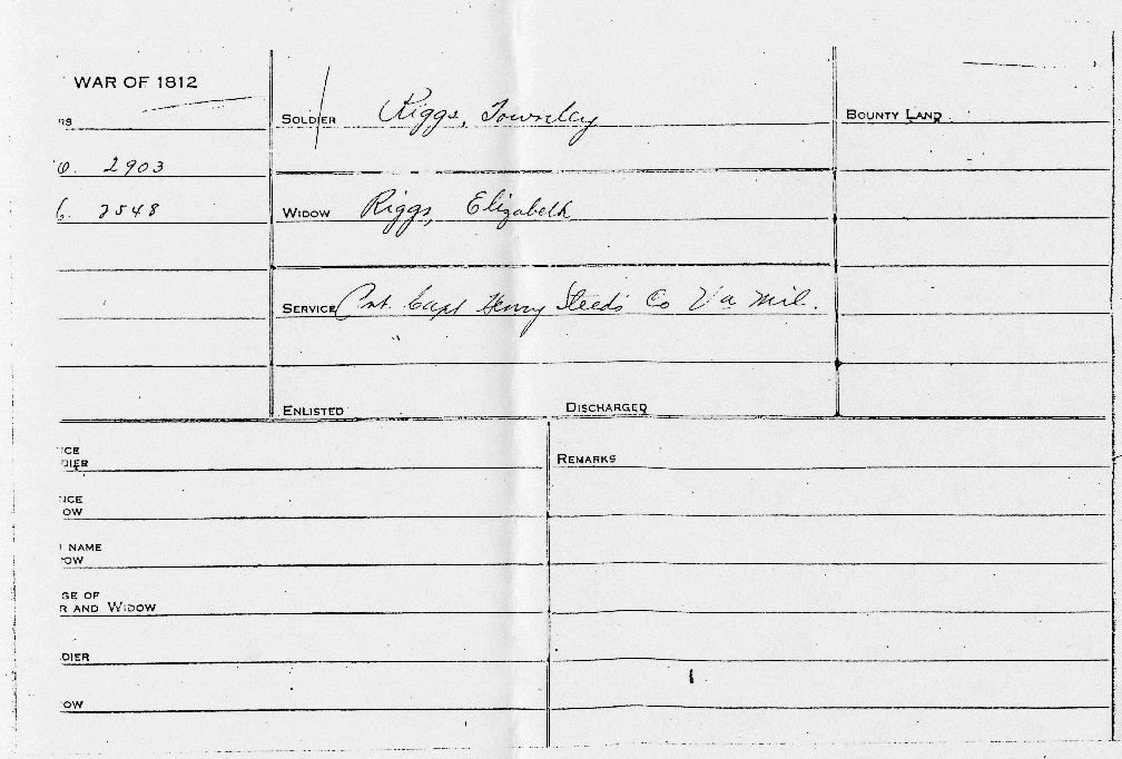 Elizabeth, widow of Townley Riggs, Widow's Pension, War of 1812 Pension, page 1