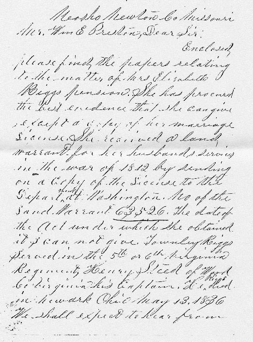 Elizabeth, widow of Townley Riggs, Widow's Pension, War of 1812 Pension, page 6