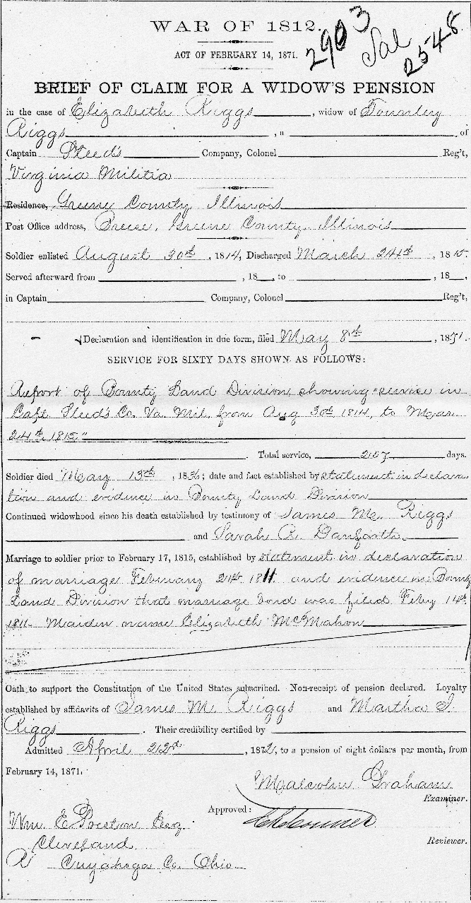 Elizabeth, widow of Townley Riggs, Widow's Pension, War of 1812 Pension, page 10