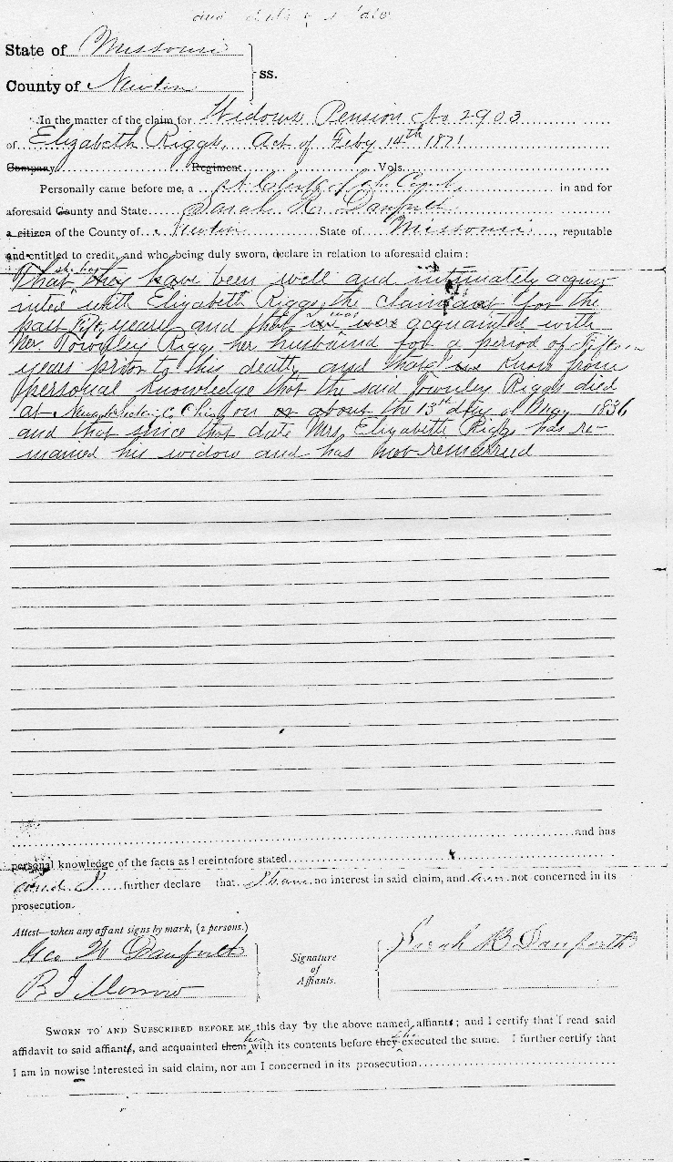 Elizabeth, widow of Townley Riggs, Widow's Pension, War of 1812 Pension, page 11