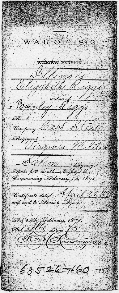 Elizabeth, widow of Townley Riggs, Widow's Pension, War of 1812 Pension, page 12