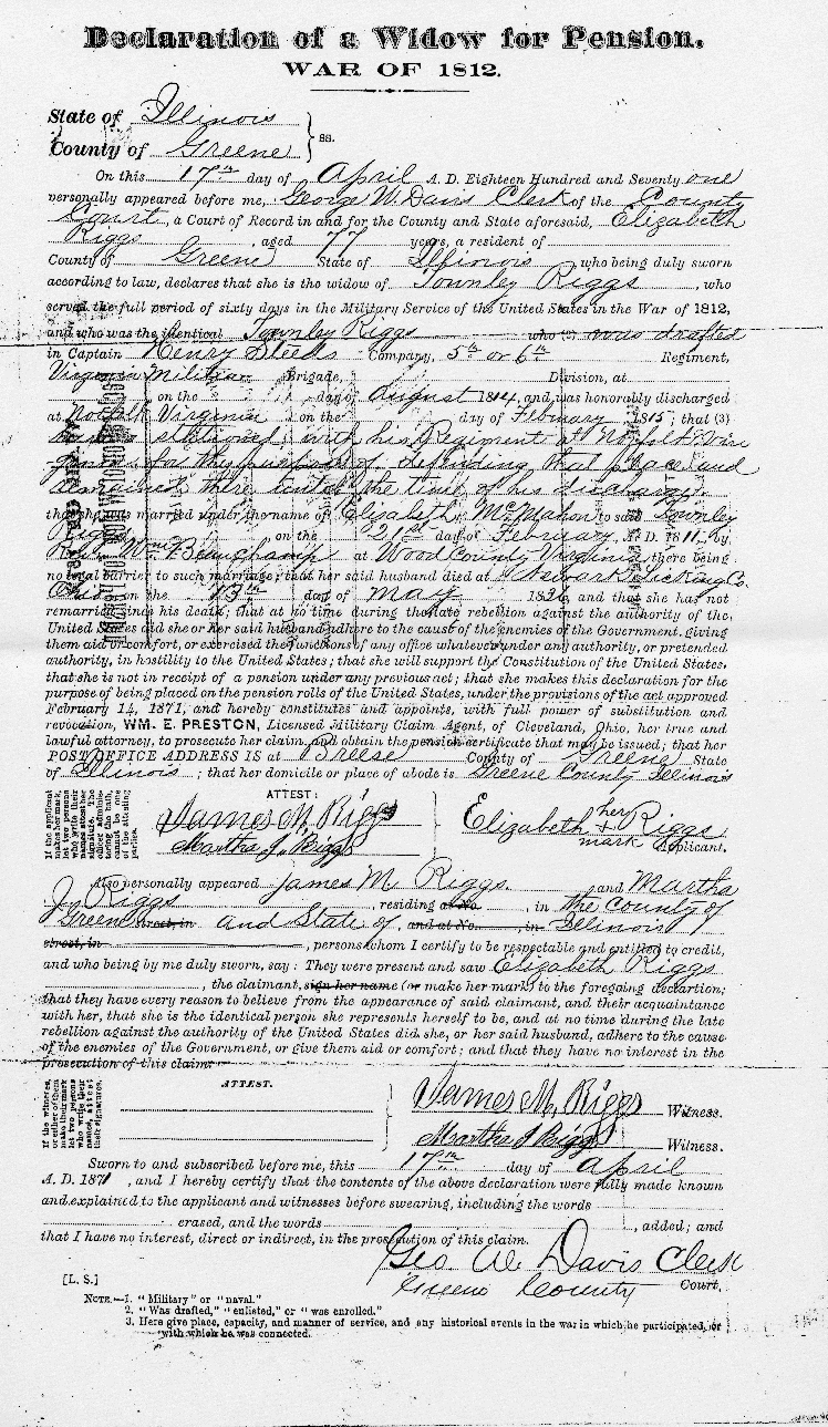 Elizabeth, widow of Townley Riggs, Widow's Pension, War of 1812 Pension, page 13