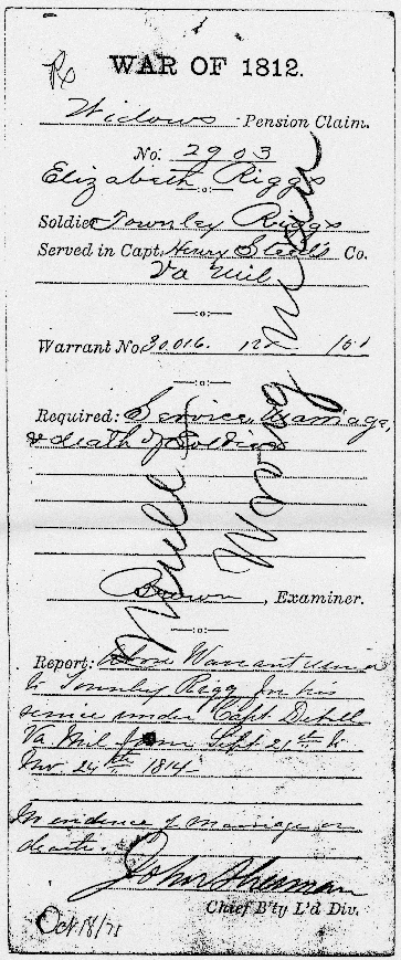 Elizabeth, widow of Townley Riggs, Widow's Pension, War of 1812 Pension, page 15