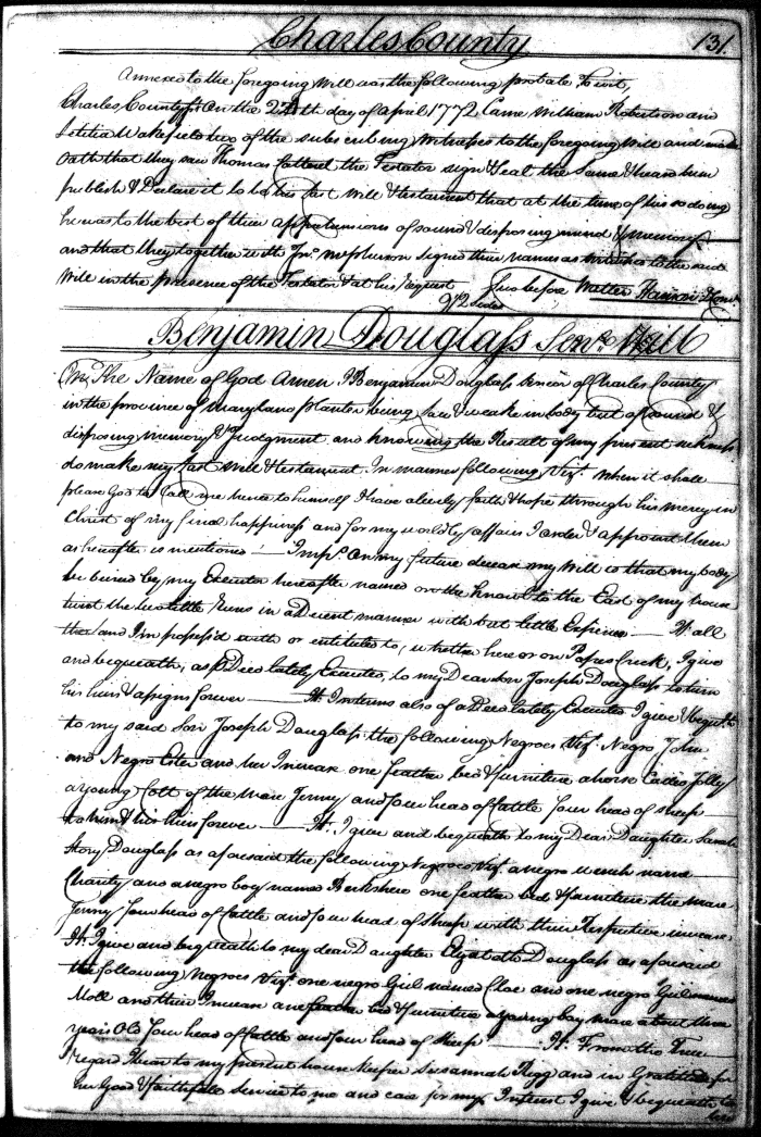 Benjamin Doublas, Sr.'s Will of 9 Feb 1772, page 131