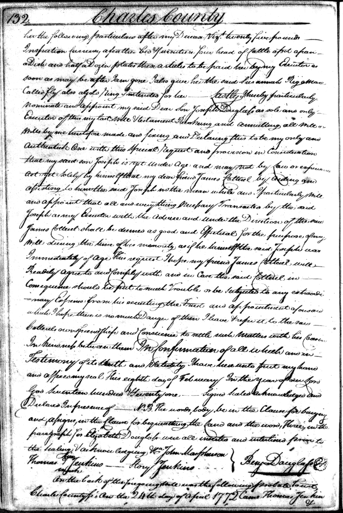 Benjamin Doublas, Sr.'s Will of 9 Feb 1772, page 132