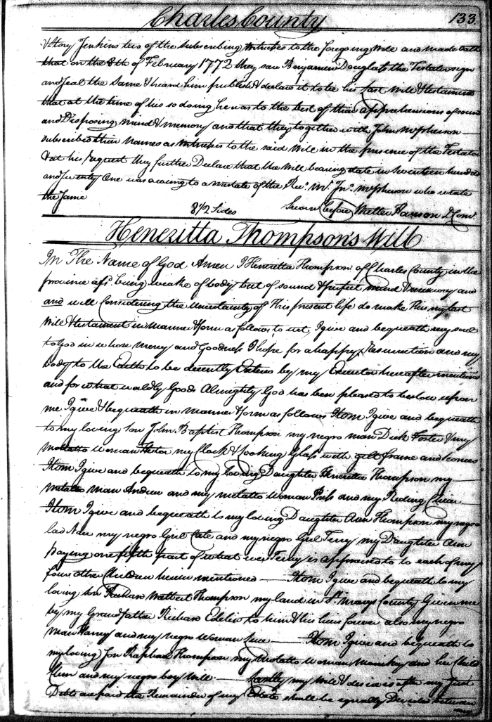 Benjamin Doublas, Sr.'s Will of 9 Feb 1772, page 133