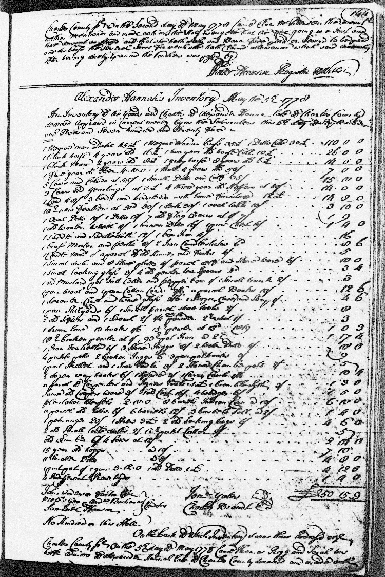 Alexander Hannah's Inventory of 05 May 1778, page 144