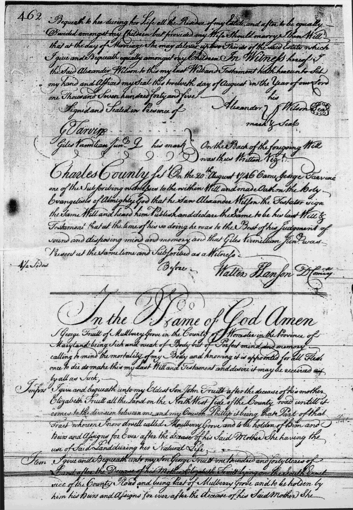 Alexander Wilson's Will of 12 Aug 1745, page 462