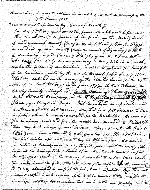 page 1 of Charles Rigg's pension application