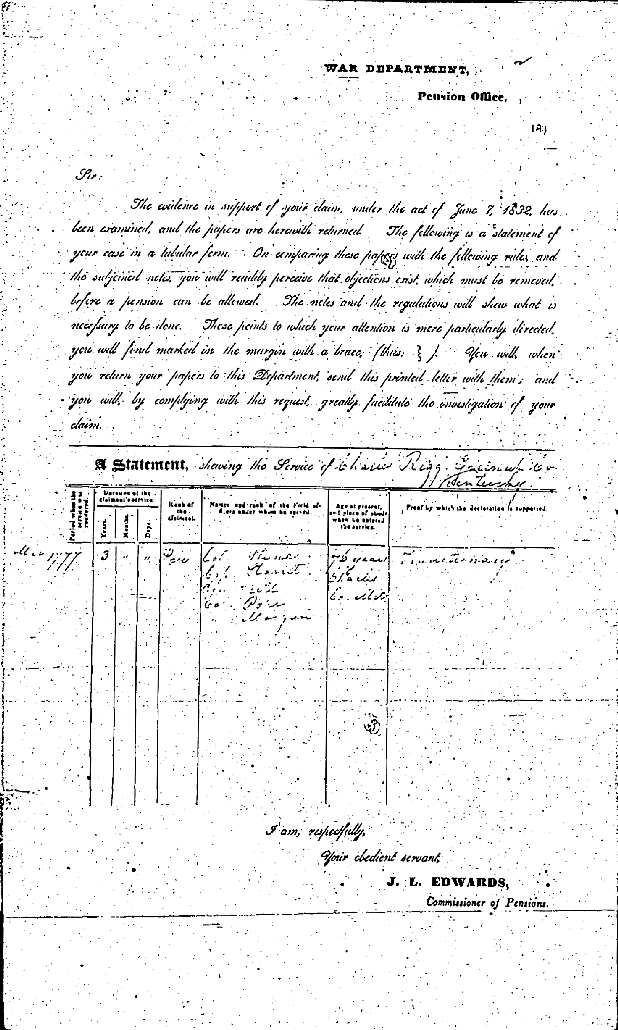 War Department letter to Charles Rigg awarding pension