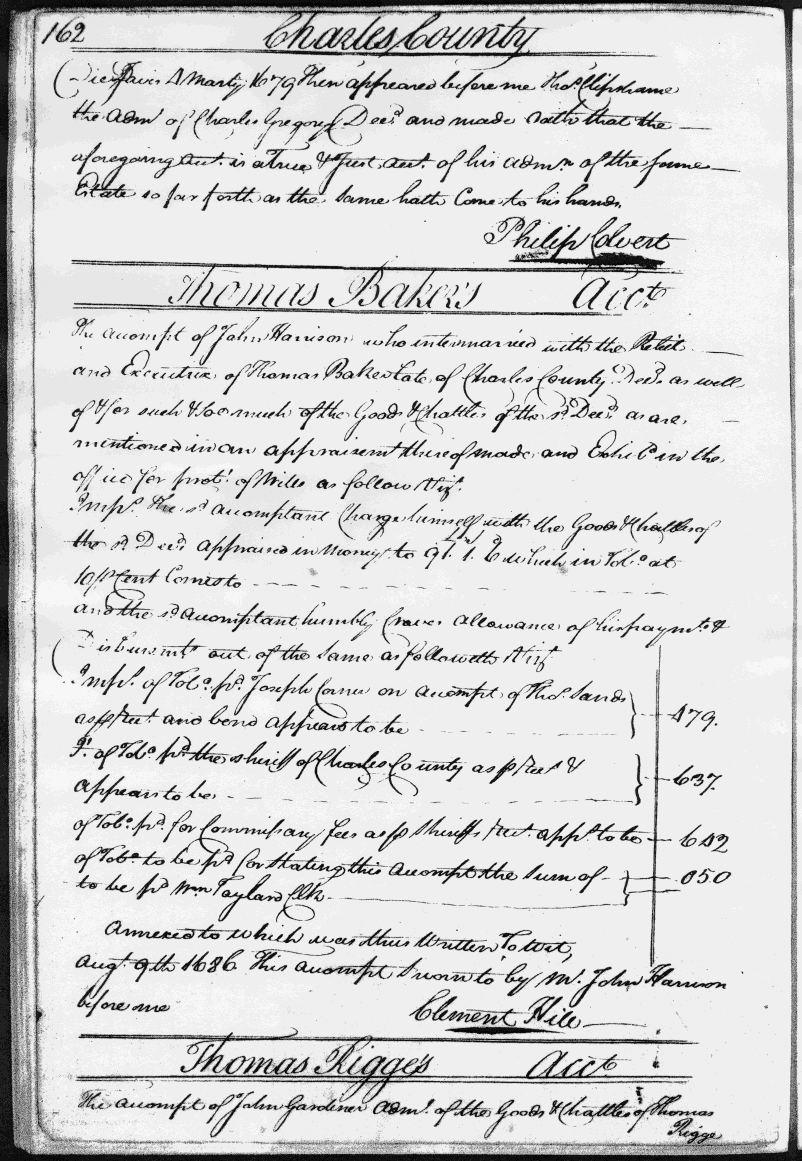 Thomas Rigge's Account, Charles County Register of Wills